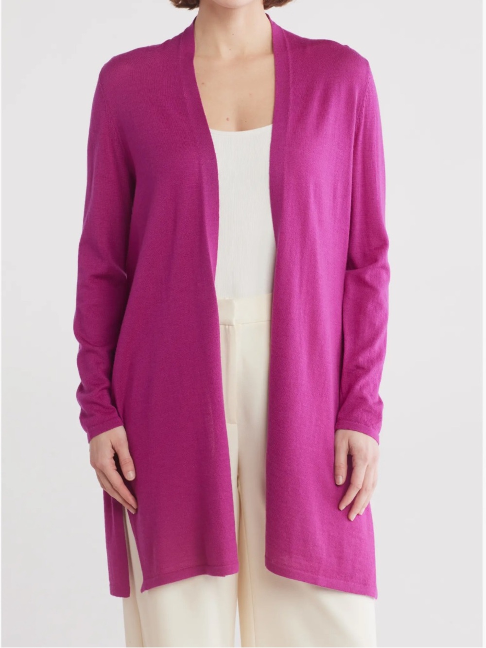Eileen Fisher Open Front Merino Wool Cardigan Size L Color Cerise